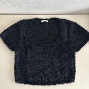 Cropped scoop neck fuzzy sweater